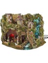 Presepe completo con statue, cascata, mulino, fuoco e luci