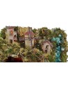 Presepe completo con statue, cascata, mulino, fuoco e luci